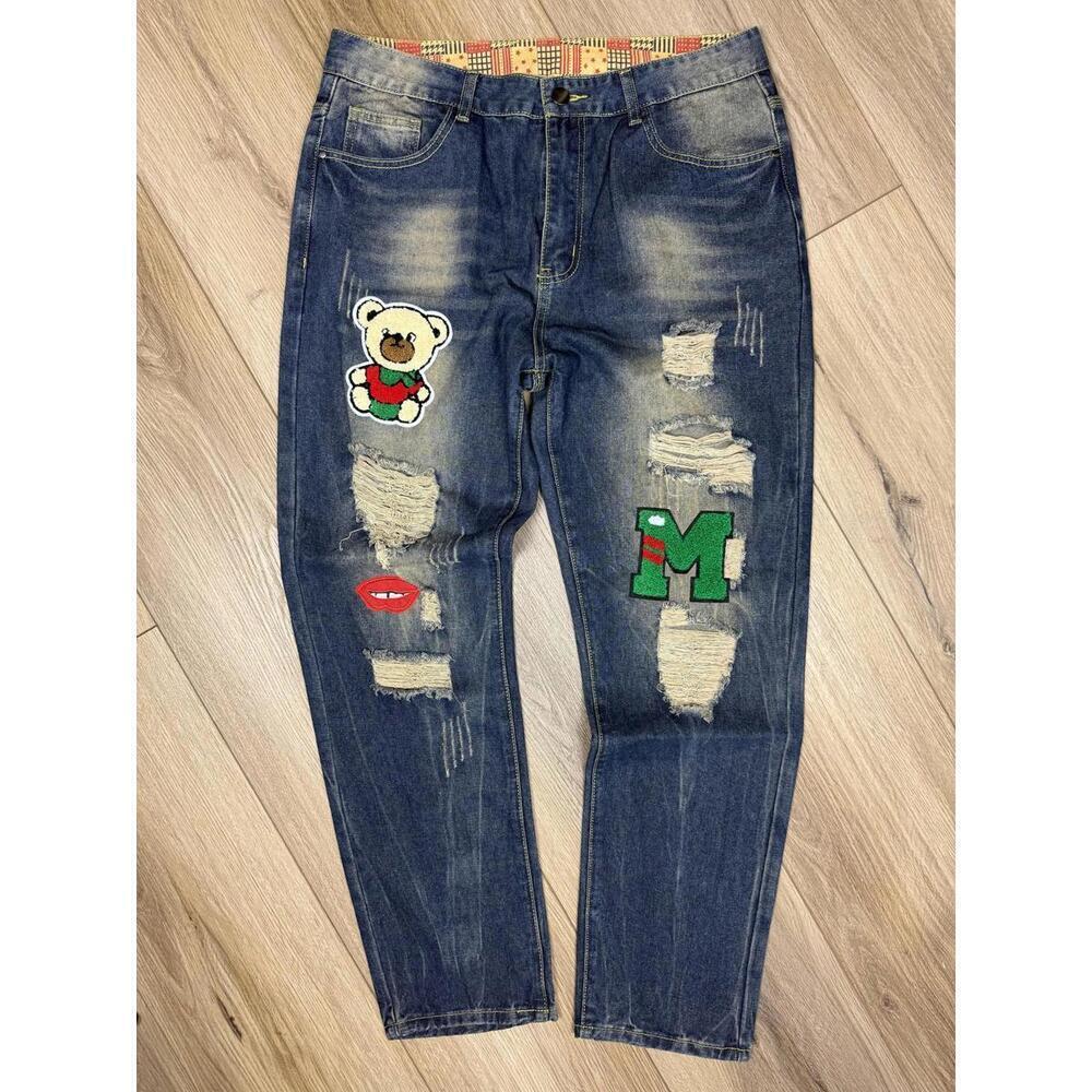 Jeans Mens 36x30 Blue Straight Distressed Cartoon Bear Skate Baggy Patch Denim